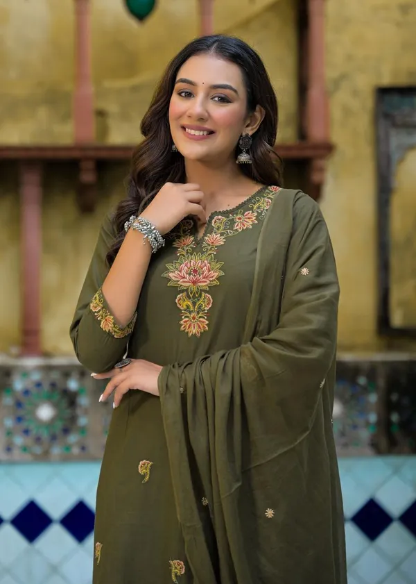 Olive_Green_Embroidered_Cotton_Kurta_Pant_Set_With_Dupatta