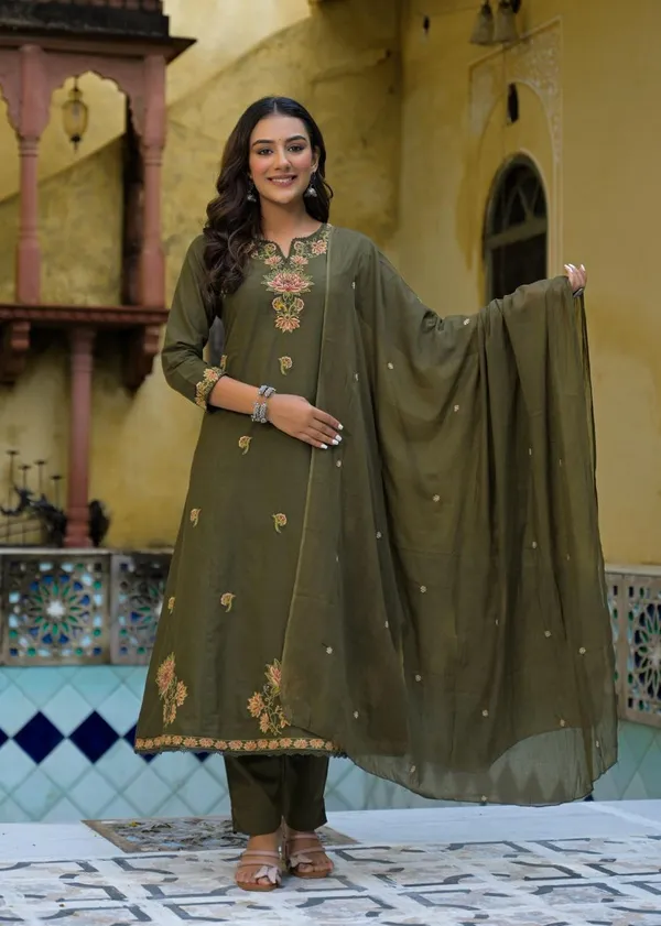 Olive_Green_Embroidered_Cotton_Kurta_Pant_Set_With_Dupatta