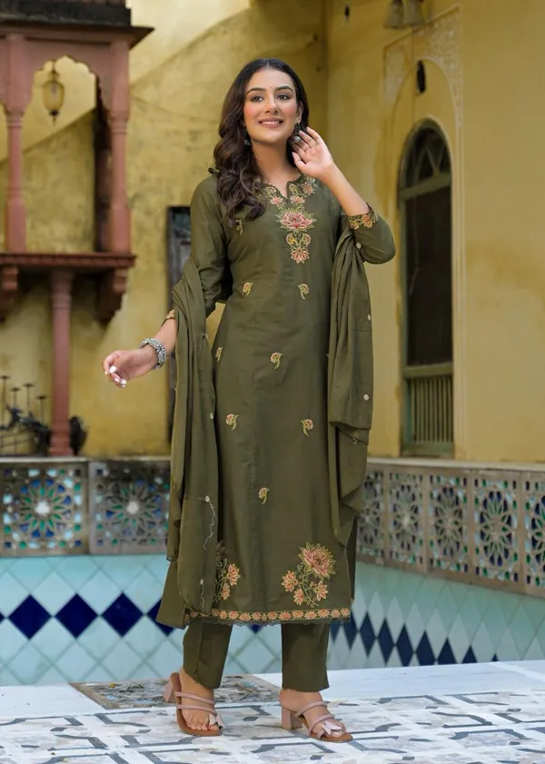Olive_Green_Embroidered_Cotton_Kurta_Pant_Set_With_Dupatta