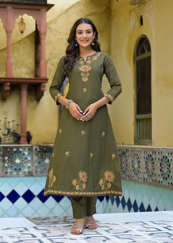 Olive_Green_Embroidered_Cotton_Kurta_Pant_Set_With_Dupatta