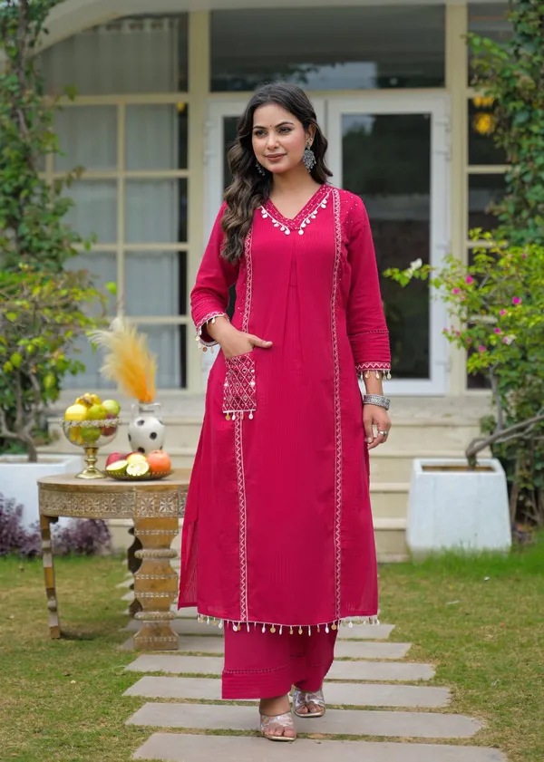 Rani_Pink_Shell_&_Coin_Lace_Cotton_Kurta_Set