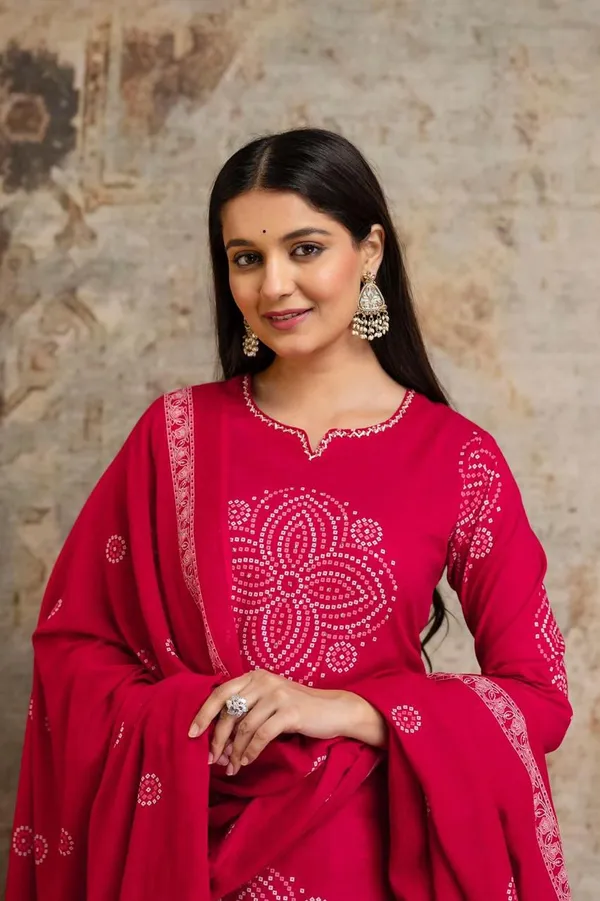 Rani_Pink_Bandhani_Printed_Cotton_Kurta_Pant_Dupatta_Set