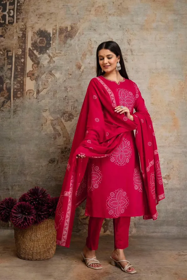 Rani_Pink_Bandhani_Printed_Cotton_Kurta_Pant_Dupatta_Set