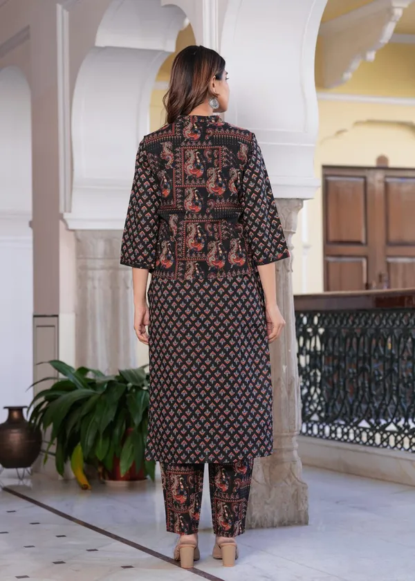 Black_Ajrakh_Print_Cotton_Kurta_Pant_Set_With_Short_Jacket