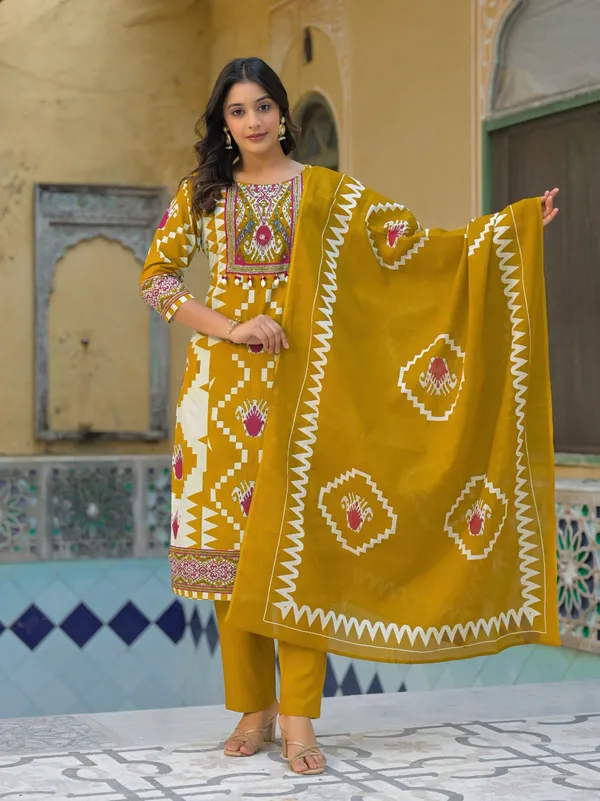 Mustard_Ikat_Print_Cotton_Kurta_Pant_Dupatta_Set
