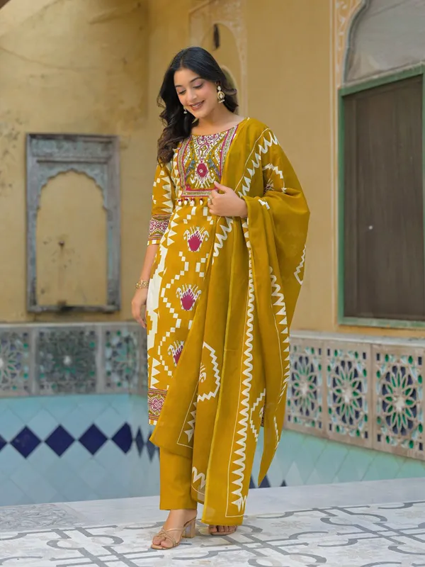 Mustard_Ikat_Print_Cotton_Kurta_Pant_Dupatta_Set