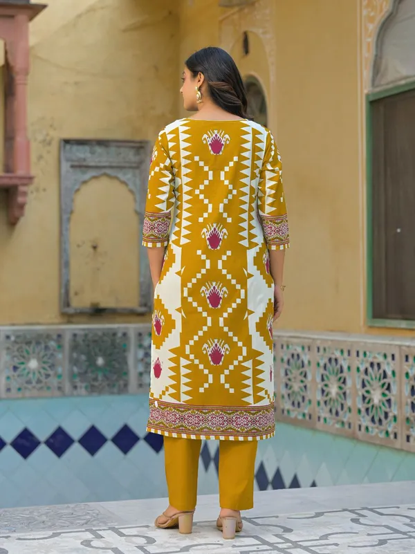 Mustard_Ikat_Print_Cotton_Kurta_Pant_Dupatta_Set