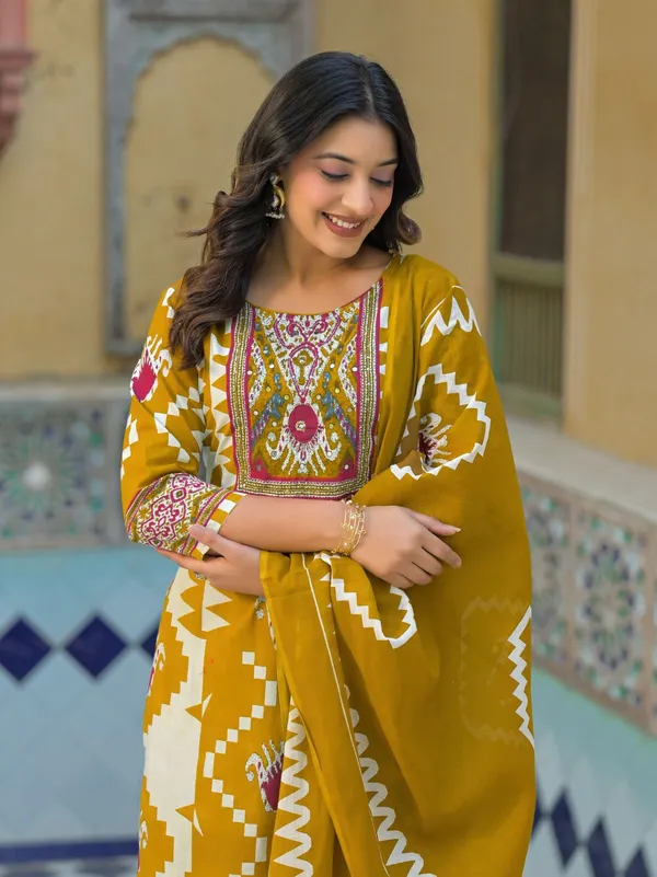 Mustard_Ikat_Print_Cotton_Kurta_Pant_Dupatta_Set