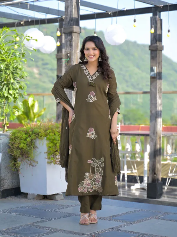 Olive_Green_Floral_Embroidered_Cotton_Kurta_Pant_Dupatta_Set
