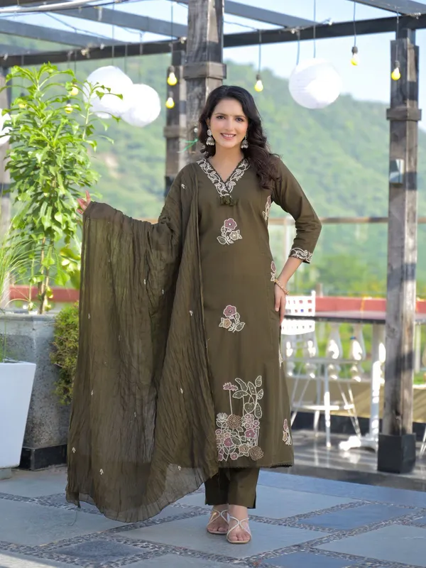 Olive_Green_Floral_Embroidered_Cotton_Kurta_Pant_Dupatta_Set
