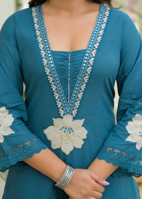 Teal_Floral_Embroidered_Cotton_Kurta_Pant_Dupatta_Set