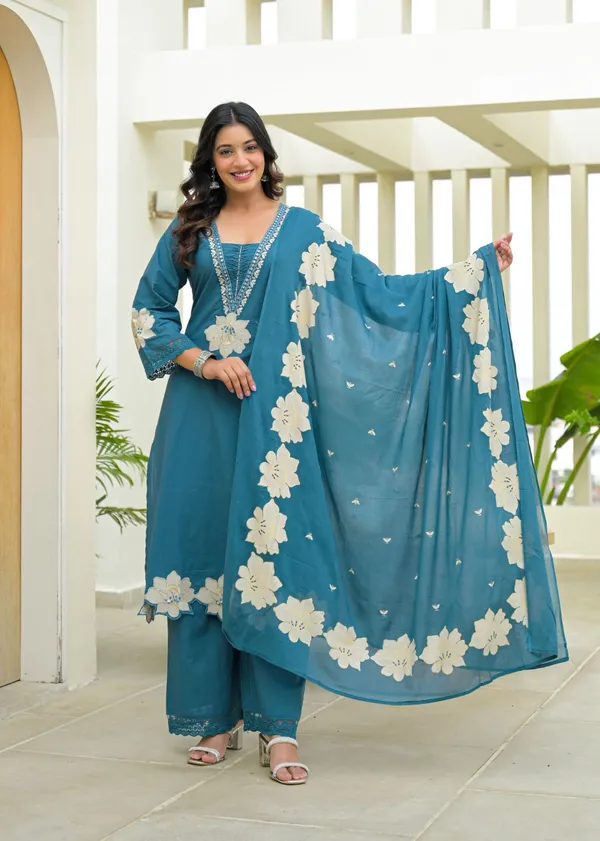 Teal_Floral_Embroidered_Cotton_Kurta_Pant_Dupatta_Set