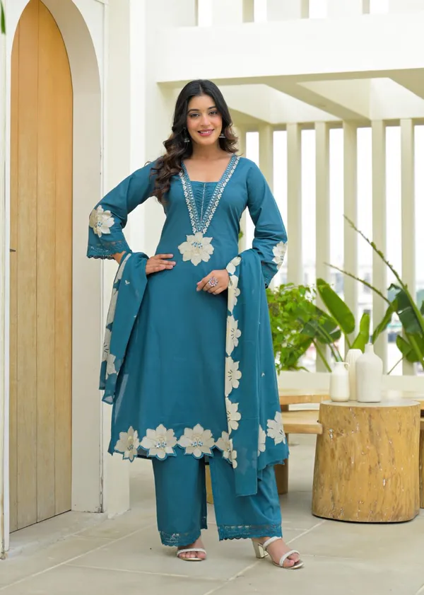 Teal_Floral_Embroidered_Cotton_Kurta_Pant_Dupatta_Set