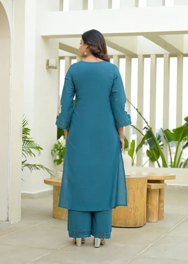 Teal_Floral_Embroidered_Cotton_Kurta_Pant_Dupatta_Set