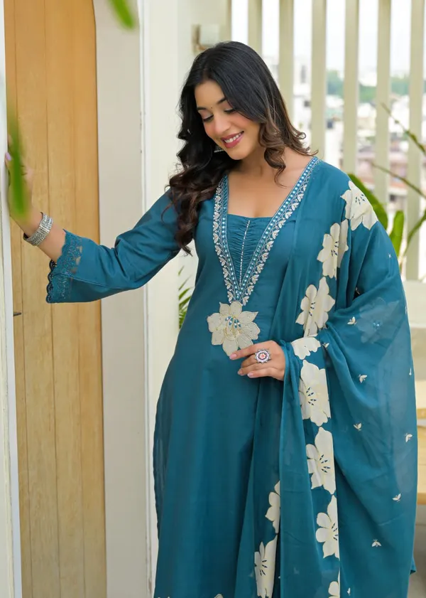 Teal_Floral_Embroidered_Cotton_Kurta_Pant_Dupatta_Set