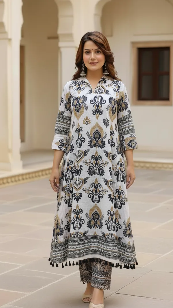 Ivory_&_Ochre_Ethnic_Motif_Pearl_Silk_A_Line_Kurta_Set