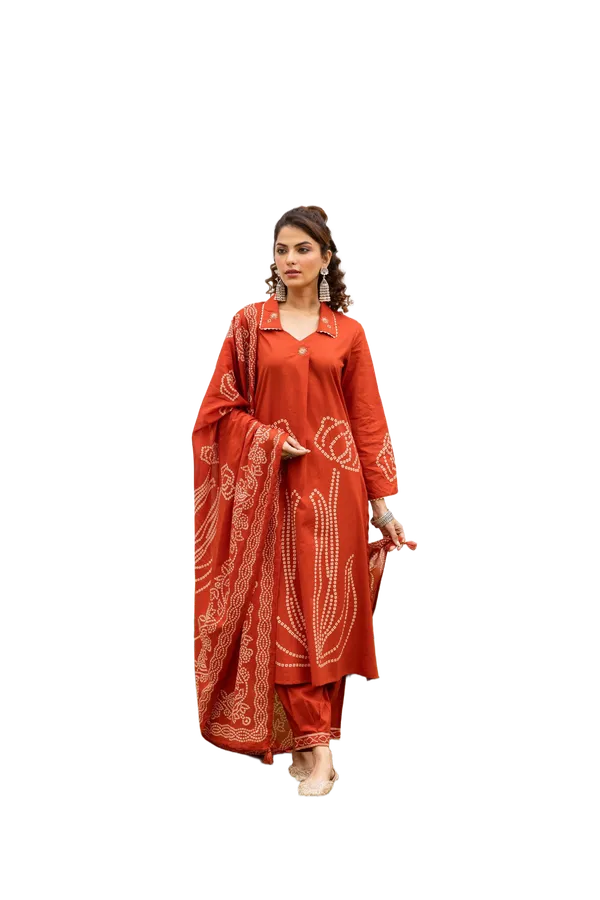 Rust_Bandhani_Printed_Cotton_Kurta_Pant_Dupatta_Set