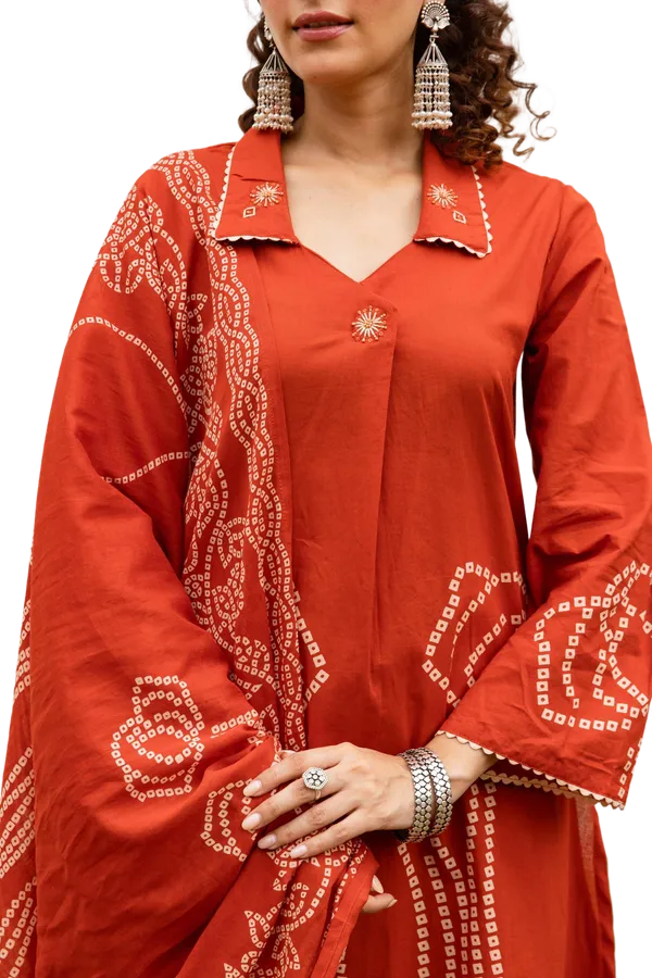 Rust_Bandhani_Printed_Cotton_Kurta_Pant_Dupatta_Set
