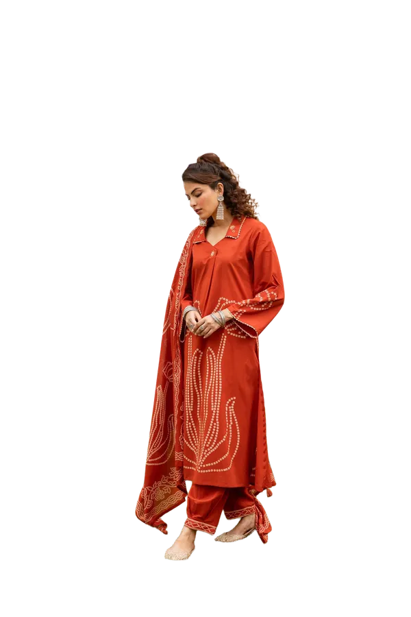 Rust_Bandhani_Printed_Cotton_Kurta_Pant_Dupatta_Set