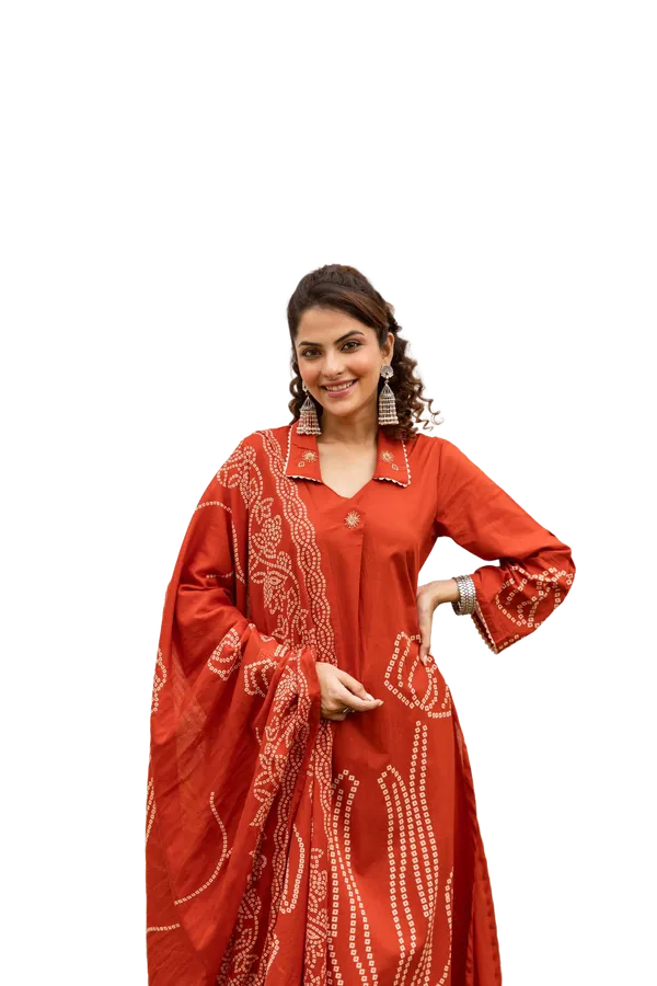Rust_Bandhani_Printed_Cotton_Kurta_Pant_Dupatta_Set