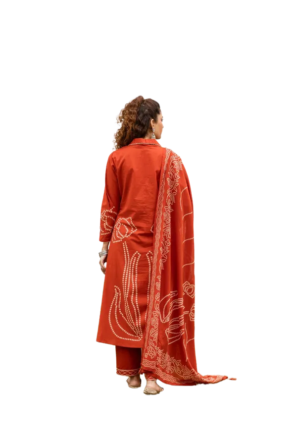 Rust_Bandhani_Printed_Cotton_Kurta_Pant_Dupatta_Set
