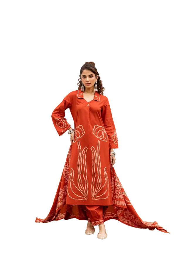 Rust_Bandhani_Printed_Cotton_Kurta_Pant_Dupatta_Set