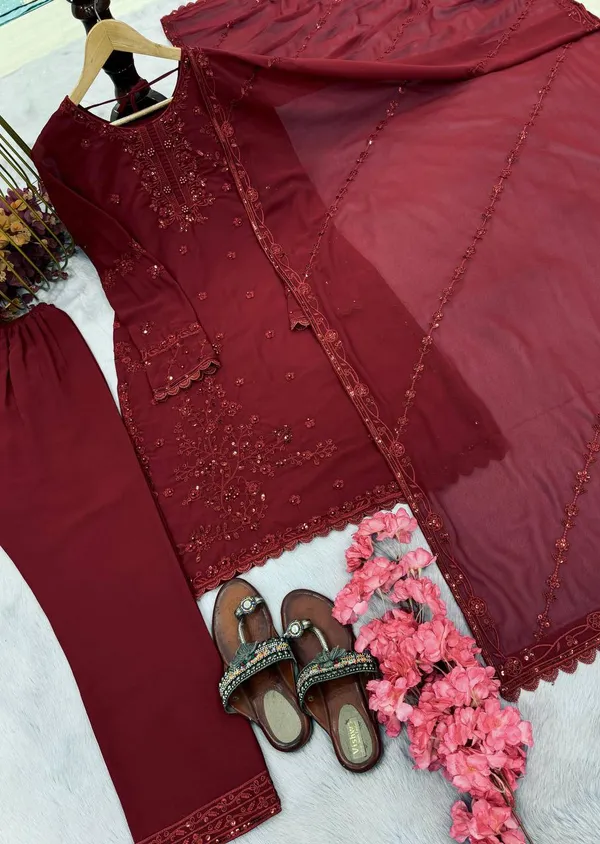 Red_Faux_Georgette_Kurta_Set_For_Women