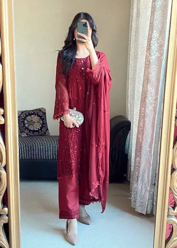 Red_Faux_Georgette_Kurta_Set_For_Women