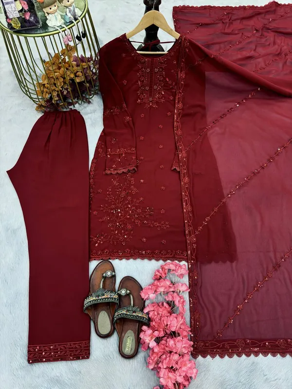 Red_Faux_Georgette_Kurta_Set_For_Women