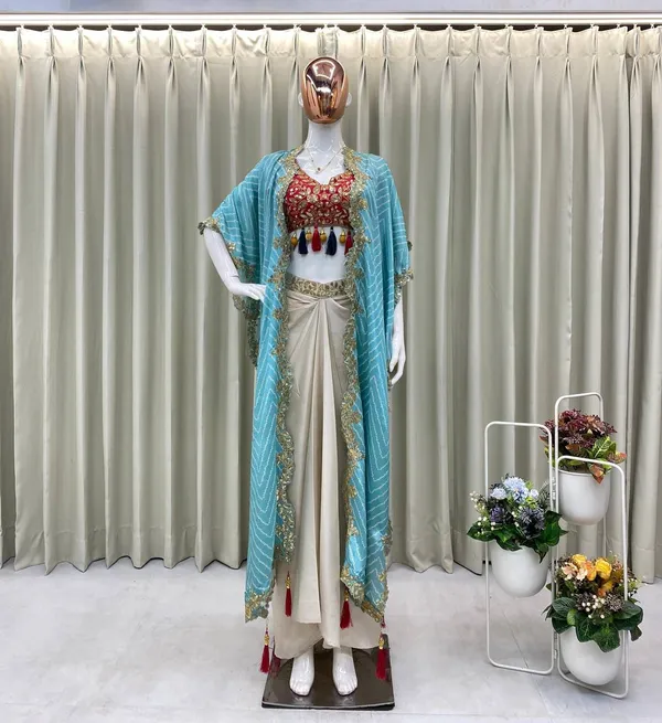 Cream_Cowl_Skirt_With_Contrast_Pink_Tube_Blouse_With_Embroidered_Shrug_In_Western_Look_Outfit_For_Women