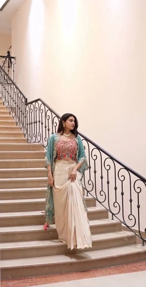 Cream_Cowl_Skirt_With_Contrast_Pink_Tube_Blouse_With_Embroidered_Shrug_In_Western_Look_Outfit_For_Women