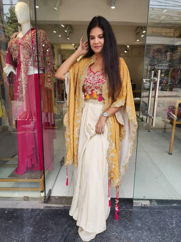Cream_Cowl_Skirt_With_Contrast_Pink_Tube_Blouse_With_Embroidered_Shrug_In_Western_Look_Outfit_For_Women