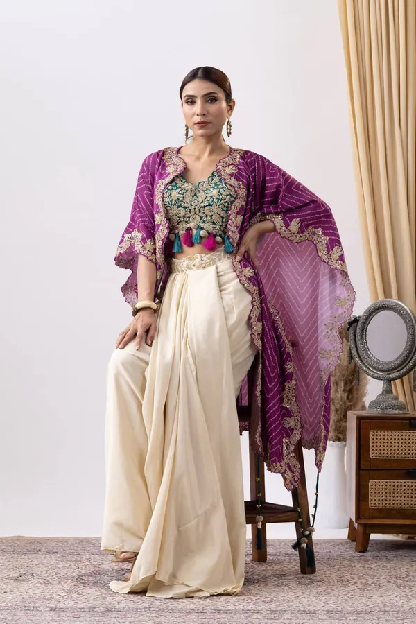 Cream_Cowl_Skirt_With_Contrast_Rama_Tube_Blouse_With_Embroidered_Shrug_In_Western_Look_Outfit_For_Women