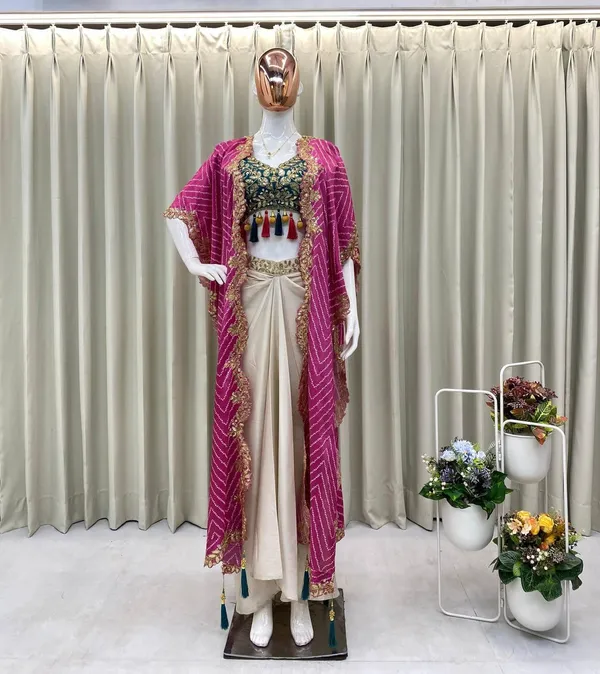 Cream_Cowl_Skirt_With_Contrast_Rama_Tube_Blouse_With_Embroidered_Shrug_In_Western_Look_Outfit_For_Women