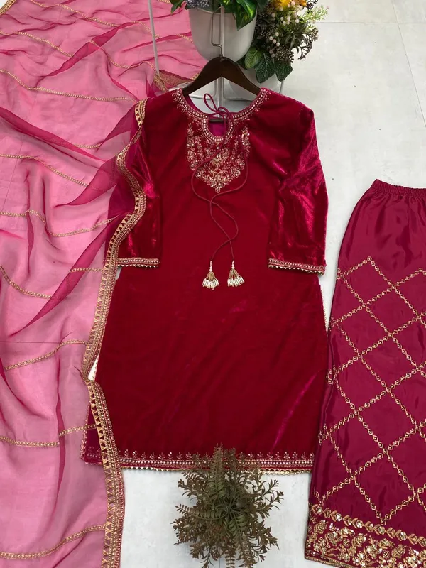 For_This_Winter_Season_In_Velvet_Designer_Wear_Kurta_Pant_Pair_With_Embroidery_Work
