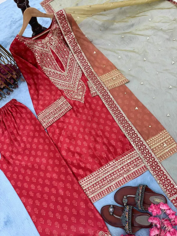 Red_Chinon_Silk_Kurta_Set_For_Women