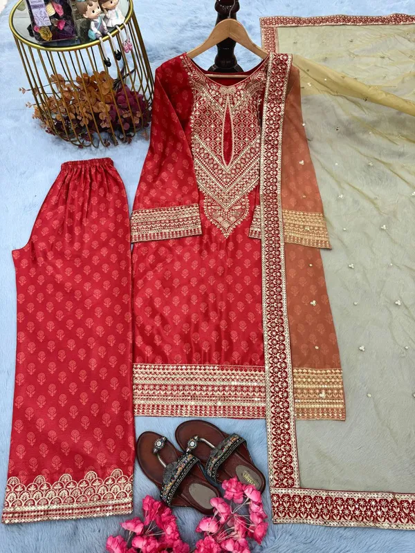 Red_Chinon_Silk_Kurta_Set_For_Women