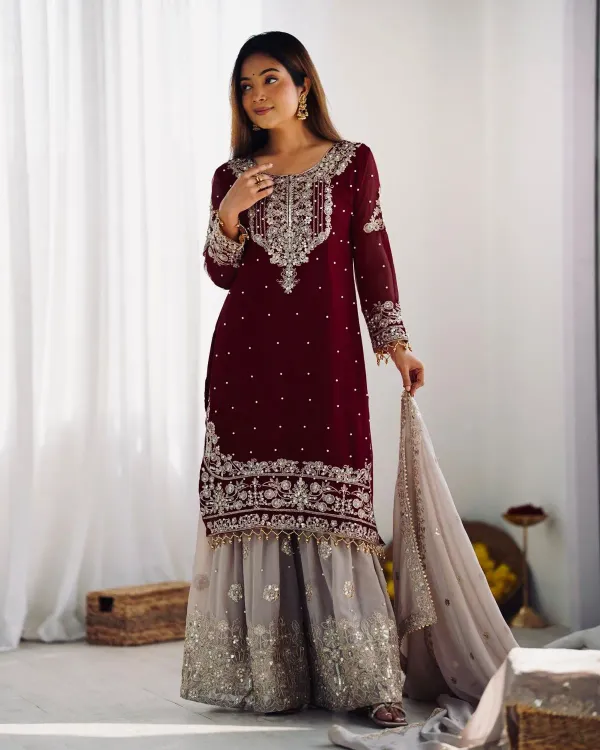 Maroon_Heavy_Faux_Georgette_With_Heavy_Embroidered_Coding_Dori-Sequence_Work_With_Rivet_Moti_Work_Full_Sleeve_For_Women