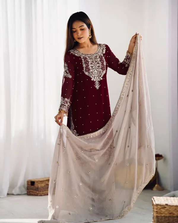 Maroon_Heavy_Faux_Georgette_With_Heavy_Embroidered_Coding_Dori-Sequence_Work_With_Rivet_Moti_Work_Full_Sleeve_For_Women