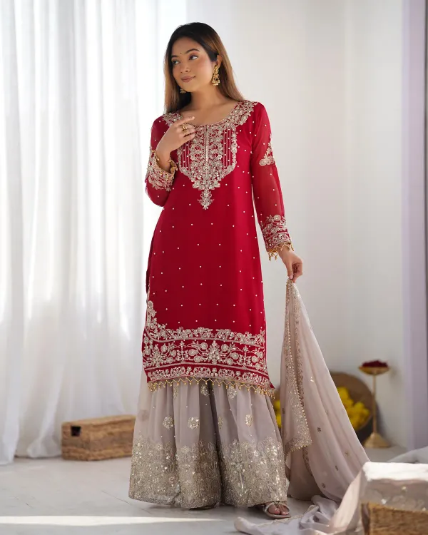 Red_Heavy_Faux_Georgette_With_Heavy_Embroidered_Coding_Dori-Sequence_Work_With_Rivet_Moti_Work_Full_Sleeve_For_Women