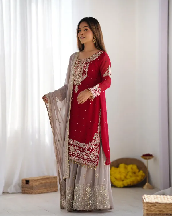 Red_Heavy_Faux_Georgette_With_Heavy_Embroidered_Coding_Dori-Sequence_Work_With_Rivet_Moti_Work_Full_Sleeve_For_Women