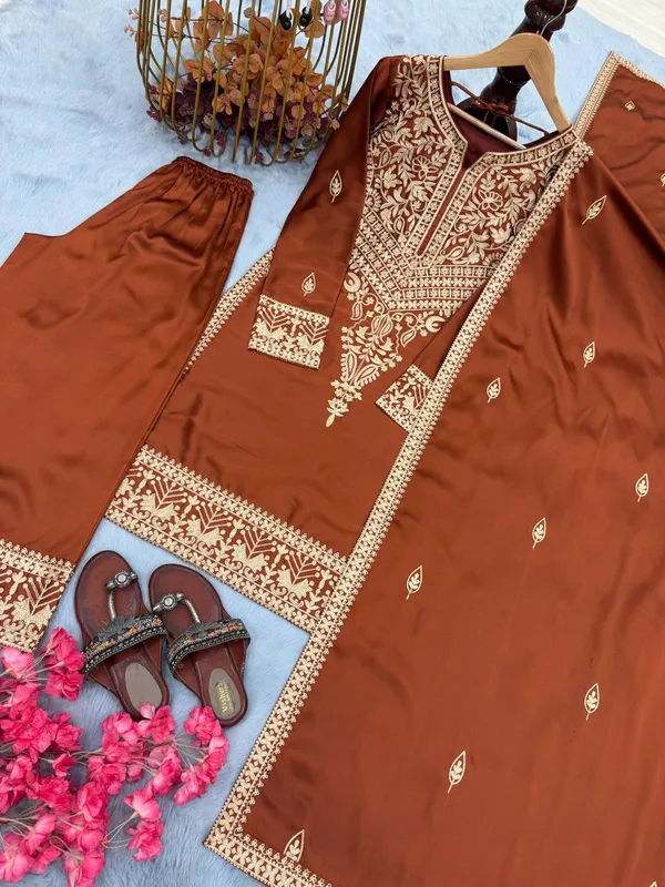 Brown_Chinon_Silk_Kurta_Set_For_Women