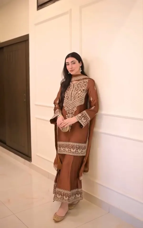 Brown_Chinon_Silk_Kurta_Set_For_Women