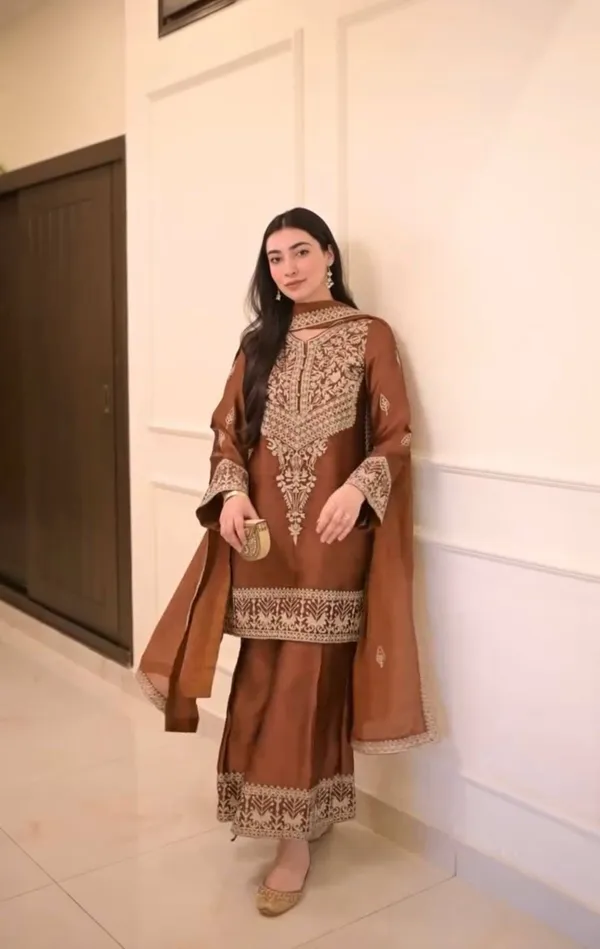Brown_Chinon_Silk_Kurta_Set_For_Women