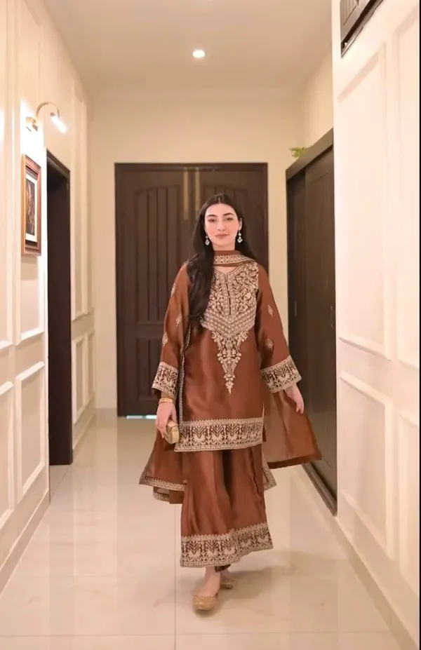 Brown_Chinon_Silk_Kurta_Set_For_Women