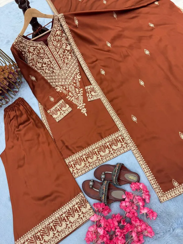 Brown_Chinon_Silk_Kurta_Set_For_Women