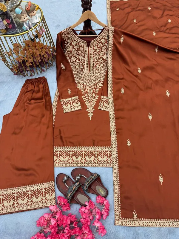 Brown_Chinon_Silk_Kurta_Set_For_Women