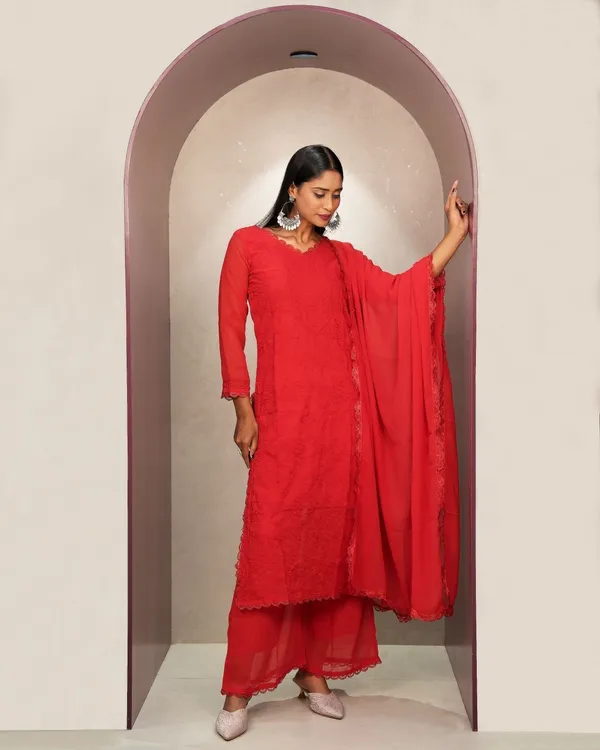 Red_Georgette_Chikankari_Embroidery_Kurta_Palazzo_Set_For_Women