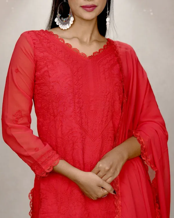 Red_Georgette_Chikankari_Embroidery_Kurta_Palazzo_Set_For_Women