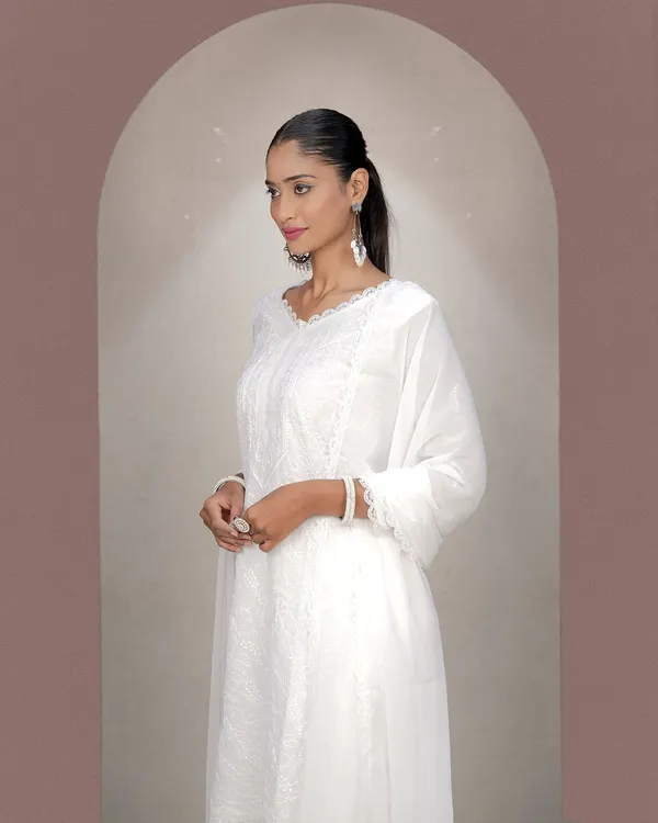 White_Georgette_Chikankari_Embroidery_Kurta_Palazzo_Set_For_Women